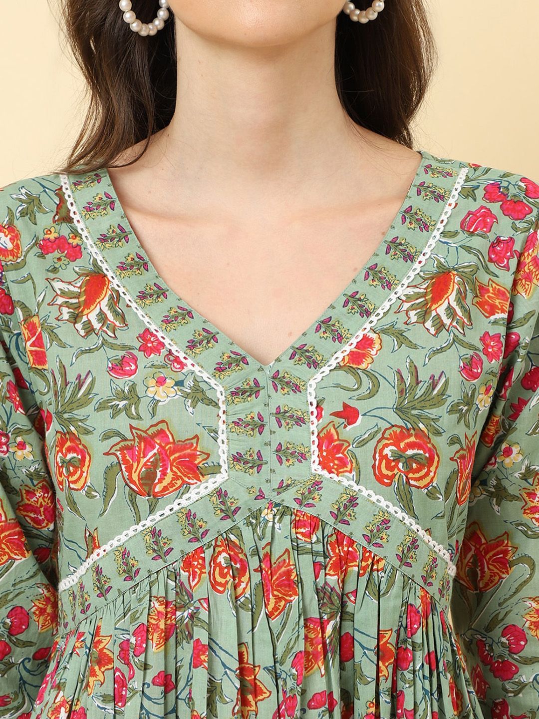 Indyancart VA Women'sFloral Printed A-Line Pleated Pure Cotton Kurta with Trousers & Dupatta
