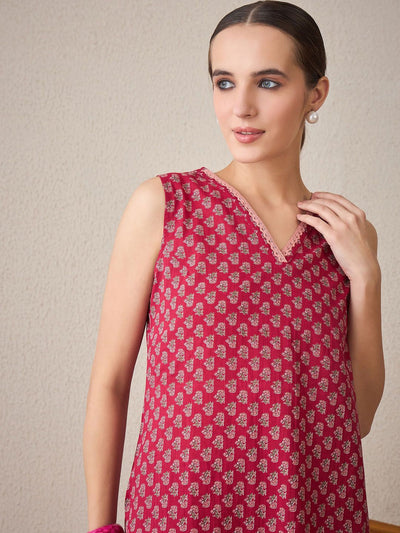 Indyancart IE Floral Printed Pure Cotton Sleeveless V-Neck Straight Kurta With Trousers