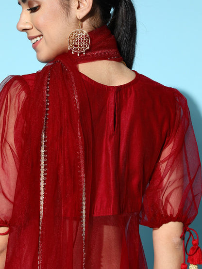 Indyancart IE Red Liva Sheer Kurta Set