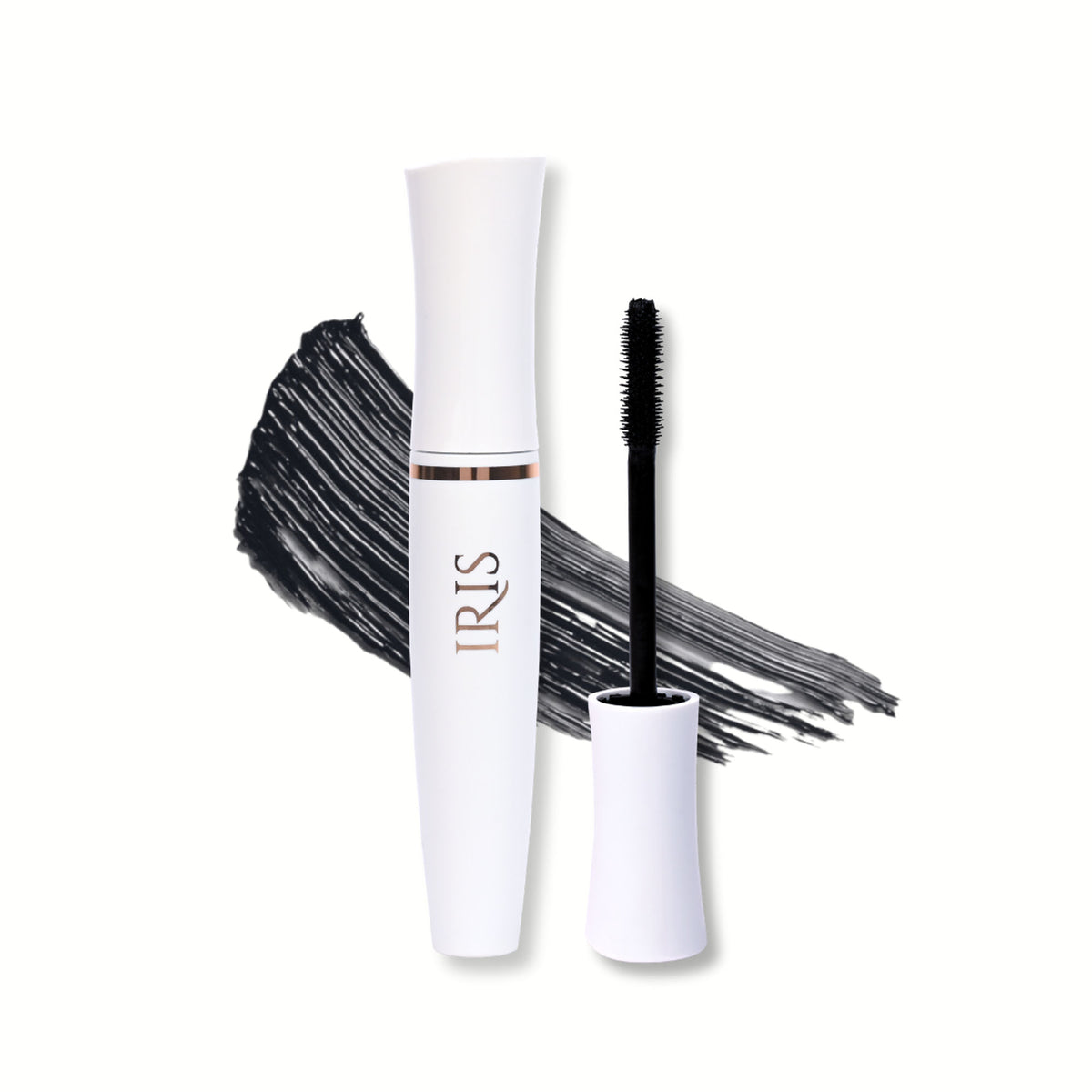 Close-up of IRIS COSMETICS All About That Drama Voluminous Mascara wand showing bristles for thick, dramatic eyelashes.