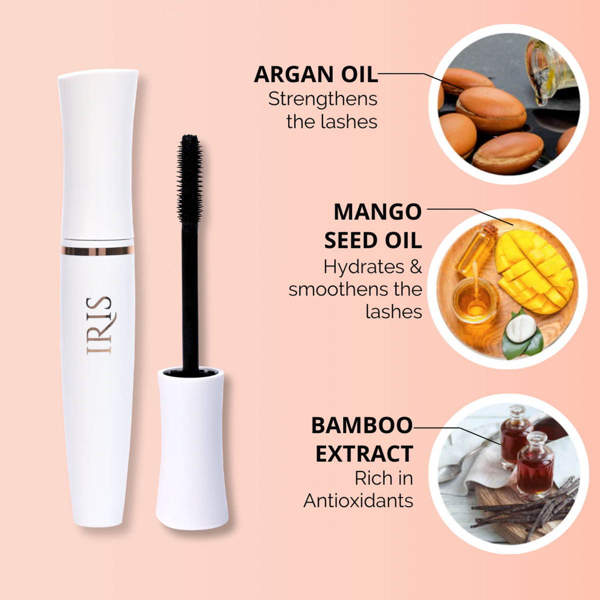 IRIS COSMETICS All About That Drama Voluminous Mascara wand with thick, lengthening bristles and sleek black packaging.