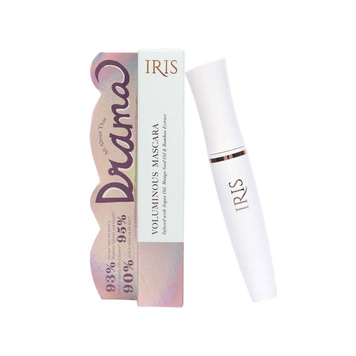 IRIS COSMETICS All About That Drama Voluminous Mascara tube with applicator brush, showcasing the product's packaging and design.