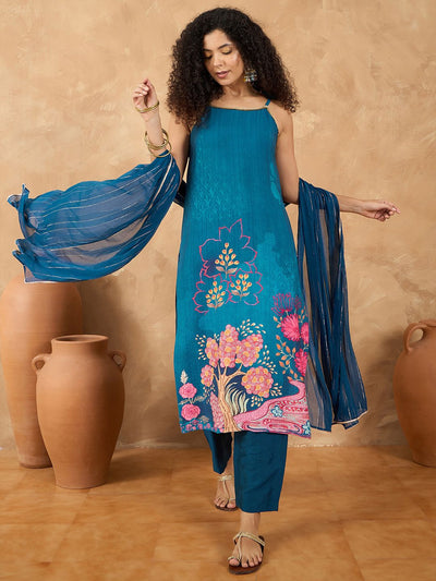Indyancart VA Women's Spaghetti Tie up Strap Straight Floral Kurta with Trousers and Dupatta