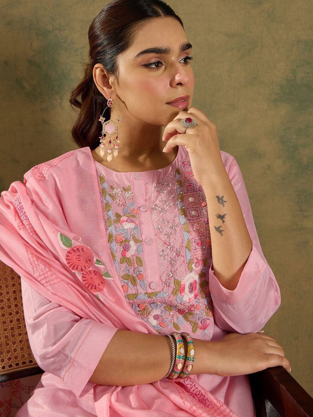 Indyancart IE Floral Embroidered Thread Work Straight Kurta with Trouser & Dupatta