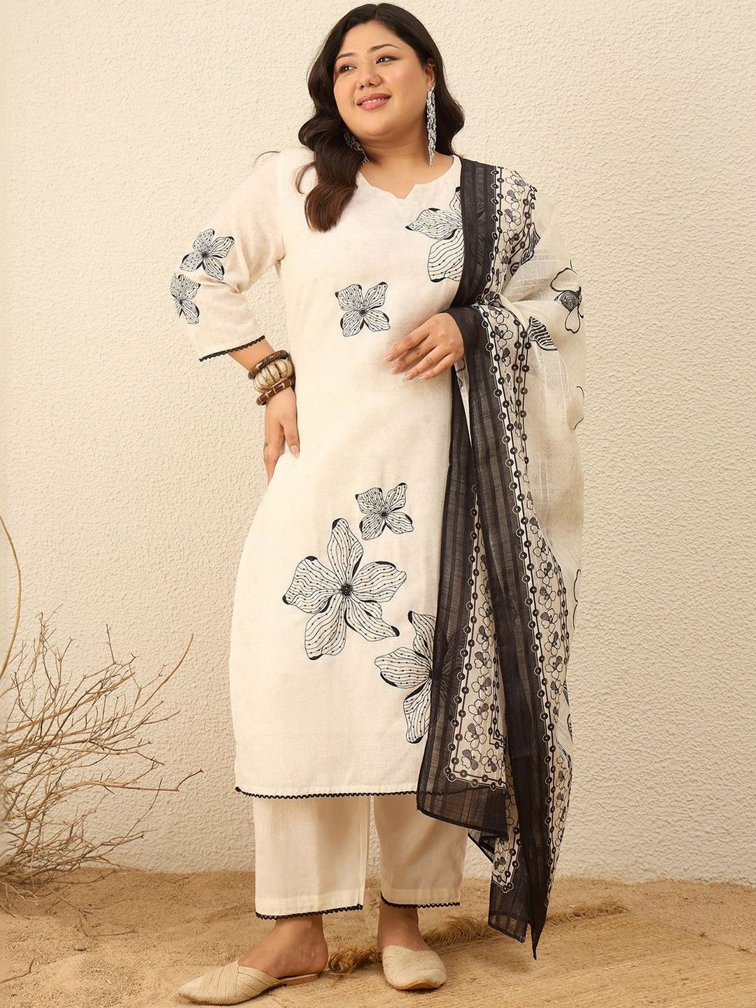 Indyancart Women's Floral Printed Regular Pure Cotton Kurta with Trousers & With Dupatta