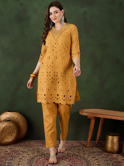 Indyancart SN Women's Embroidered Pure Cotton Kurta & Trousers