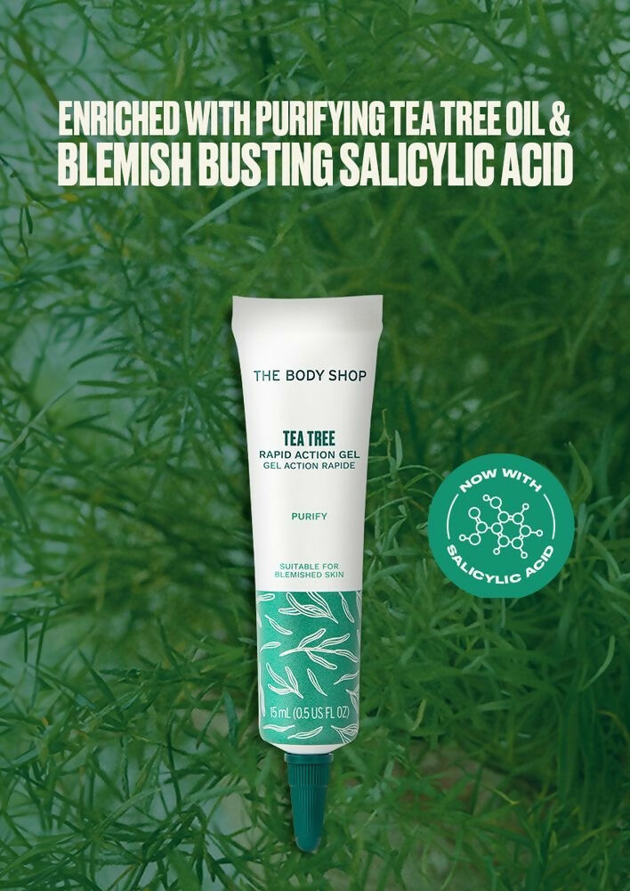 The Body Shop Tea Tree Rapid Action Gel in a clear tube, showing green tea tree gel for acne-prone skin treatment.