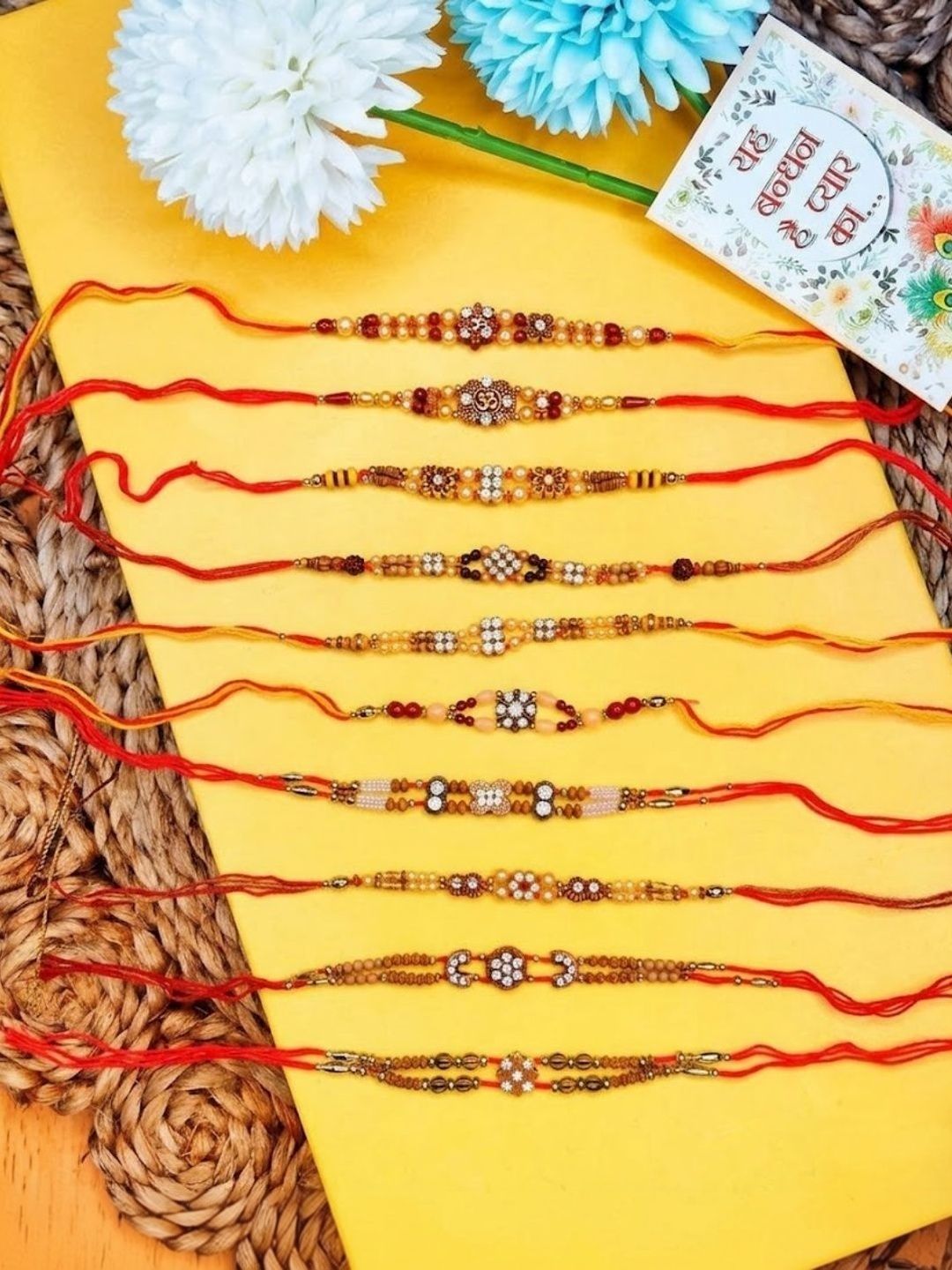 Anouk Set Of 10 Artificial Stones & Beads Thread Rakhi With Roli Chawal Chandan Mishri