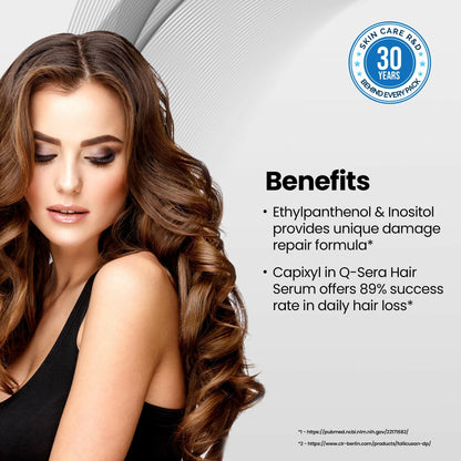 QSERA Hair Serum for Hair Fall Control with lightweight formula, featuring a clear bottle and dropper applicator for nourishing hair.