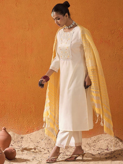 Indyancart IE Floral Yoke Design Zari Pure Cotton Straight Kurta With Trousers & Dupatta
