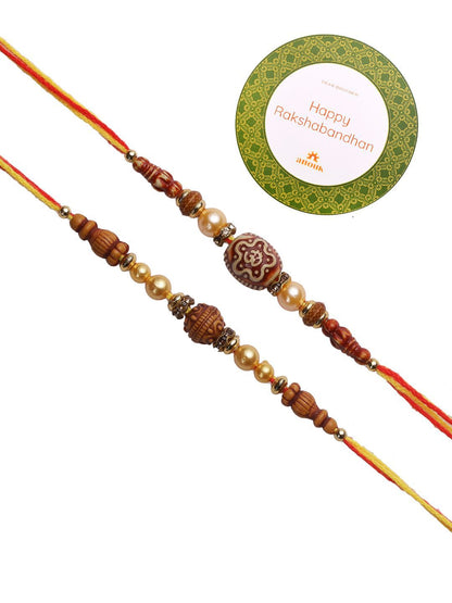 Anouk Set Of 2 Brown Beaded Rakhi With Roli Rice & Greeting Card