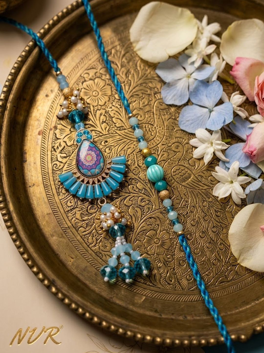 Anouk Set Of 2 Transparent Beads Pear Shape Bhaiya Bhabhi Rakhi With Roli Chawal Chandan