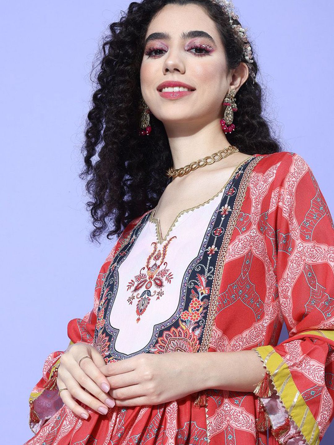 Indyancart VA Women's Ethnic Motifs Printed Empire Gotta Patti Kurta with Trousers & With Dupatta