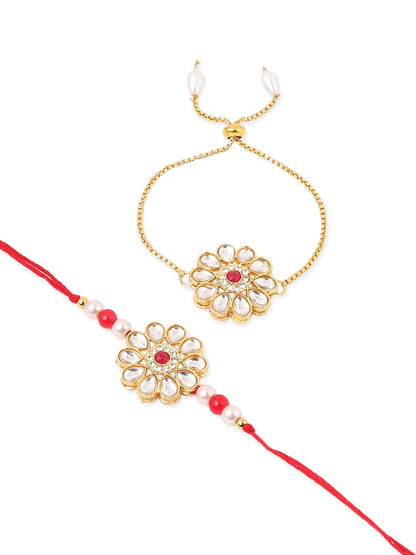 Anouk Set Of 2 Gold Toned Kundan Floral Design Bhaiya Bhabhi Rakhi Set With Roli Chawal