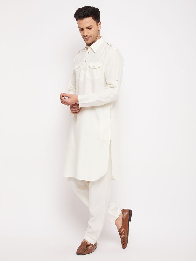 Men's Cream Cotton Blend Pathani Pathani Kurta Set