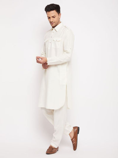 Men's Cream Cotton Blend Pathani Pathani Kurta Set