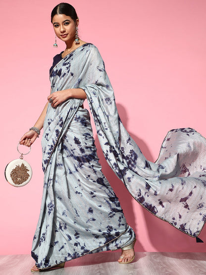 Women's Silk Blend Grey Printed Designer Saree With Blouse Piece