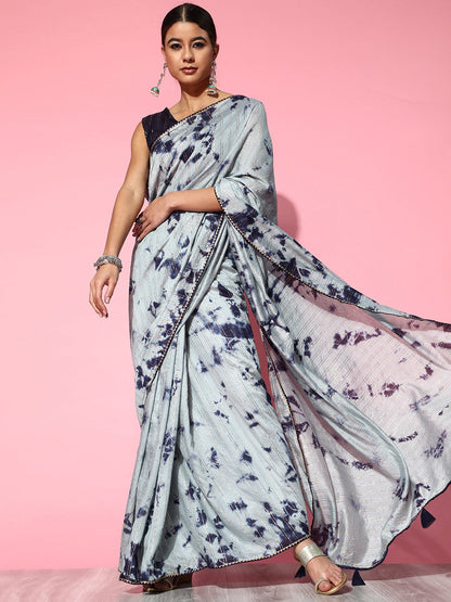 Women's Silk Blend Grey Printed Designer Saree With Blouse Piece