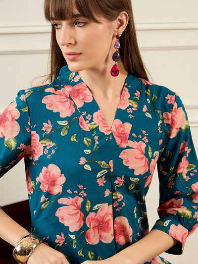 Indyancart IE Women Teal Kurta Sets