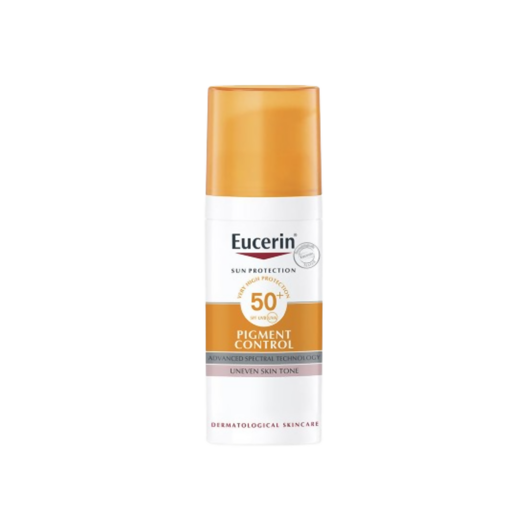 Eucerin Pigment Control Sunscreen Fluid SPF 50+ bottle showing the lightweight, broad-spectrum sunscreen for skin protection.