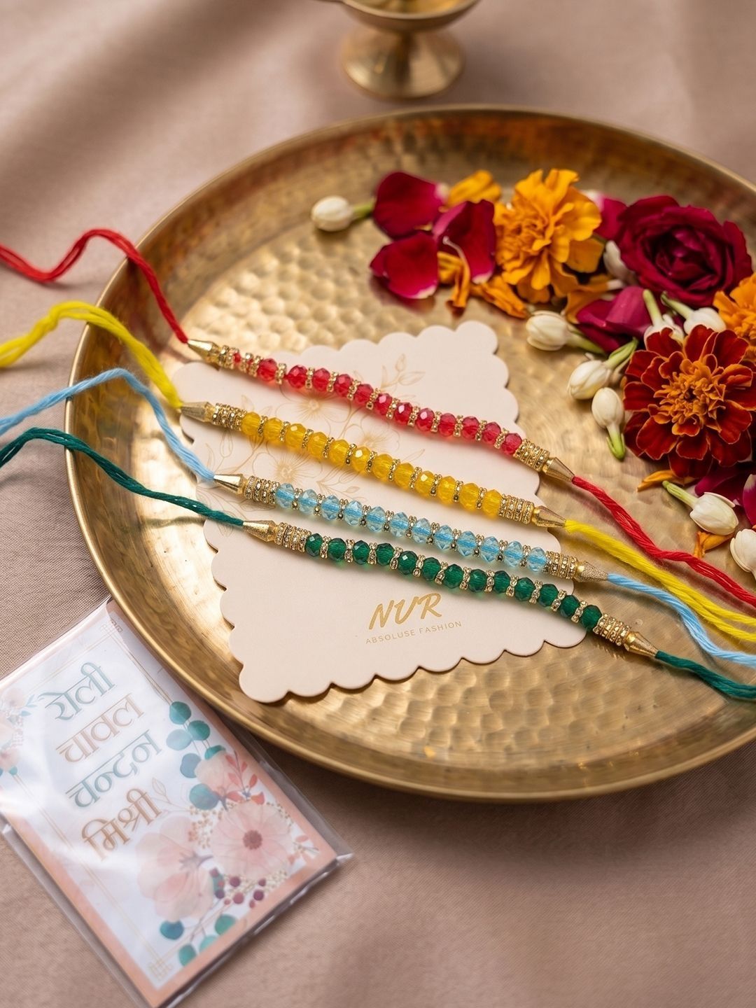 Anouk Set Of 4 Multicolor Artificial Beads Thread Rakhi With Roli Chawal Chandan Mishri