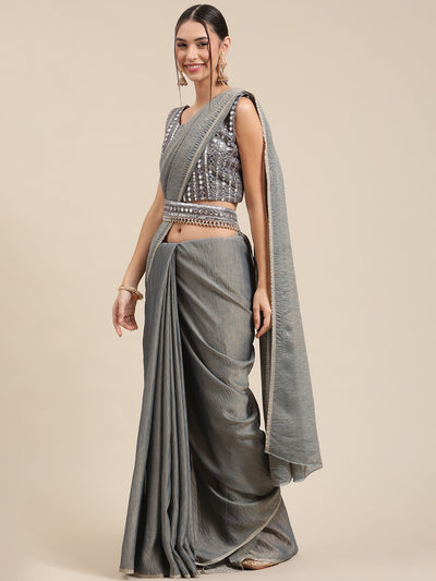 Women's Polycotton Grey Solid Belted Sarees With Blouse Piece