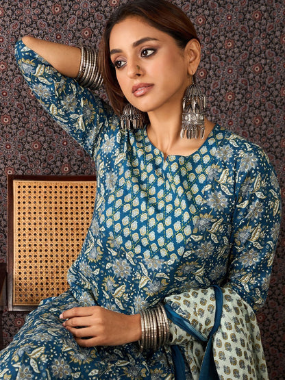 Women Ethnic Motifs Printed Regular Sequinned Pure Cotton Kurta with Trousers & With Dupatta