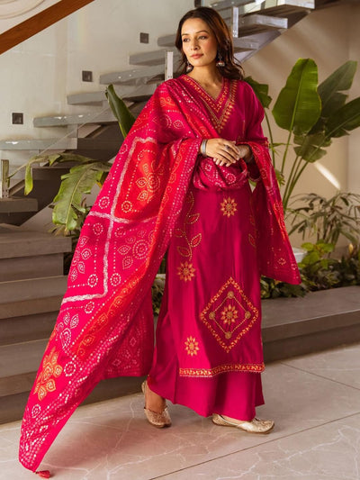 Indyancart IE Women Bandhani Embroidered Kurta with Palazzos & Dupatta