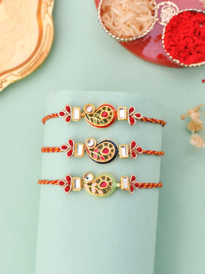 Anouk Gold Toned Set of 3 Kundan Work Thread Rakhis With Roli Chawal & Greetings Card