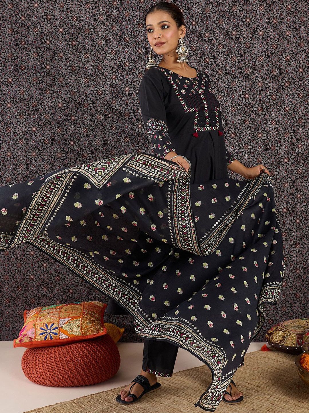 Floral Printed Thread Work Pure Cotton Kurta With Palazzos & Dupatta