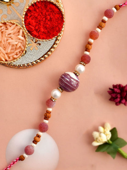 Anouk Brown Sapphire & Embellished Beaded Thread Rakhi With Roli Chawal & Greeting Card
