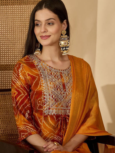 Indyancart SN Women's Bandhani Printed Sequinned A-Line Kurta With Trousers & Dupatta