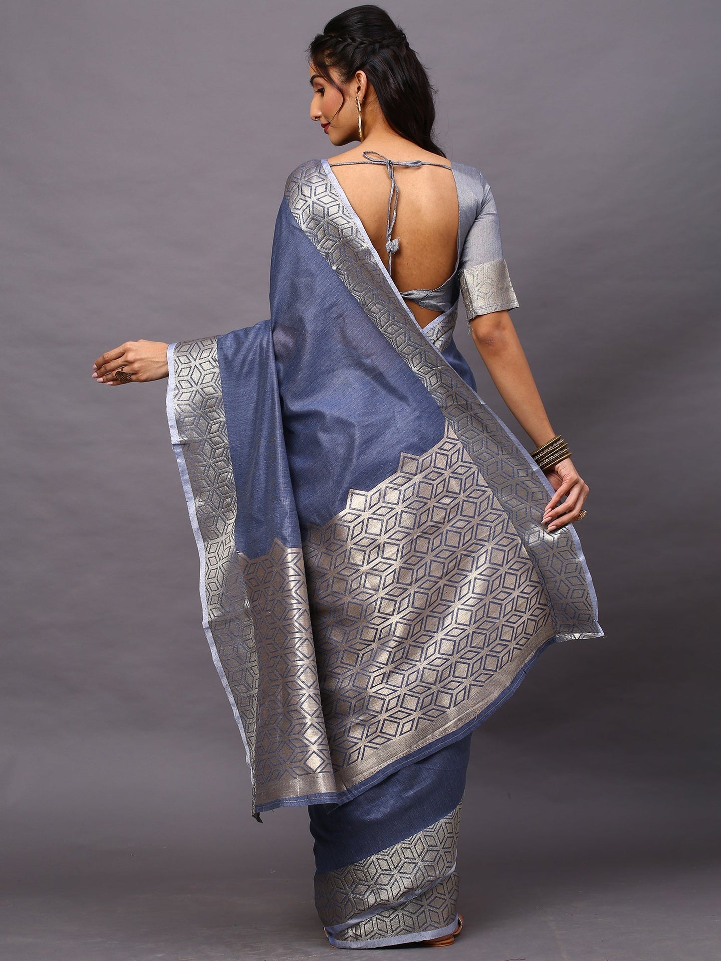 Women's Linen Blend Blue Woven Design Designer Saree With Blouse Piece