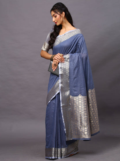 Women's Linen Blend Blue Woven Design Designer Saree With Blouse Piece