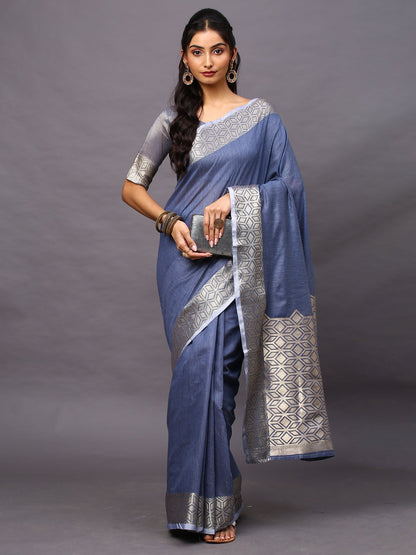 Women's Linen Blend Blue Woven Design Designer Saree With Blouse Piece