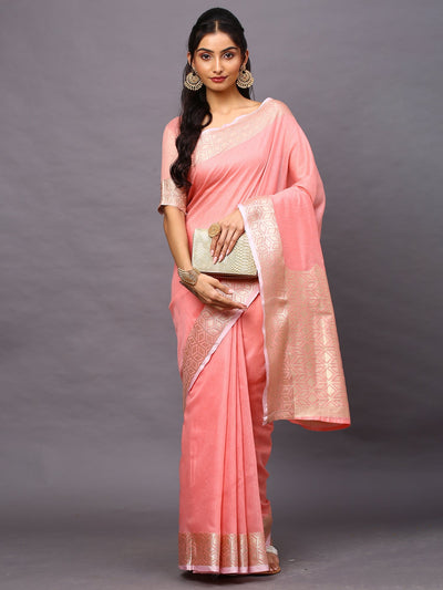 Women's Linen Blend Pink Woven Design Designer Saree With Blouse Piece