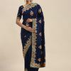 Women's Silk Blend Navy Blue Embellished Designer Saree With Blouse Piece