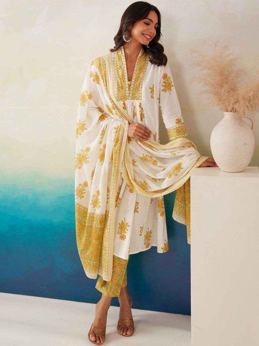 Floral Printed Pleated Beads and Stones Pure Cotton Kurta With Trousers & Dupatta