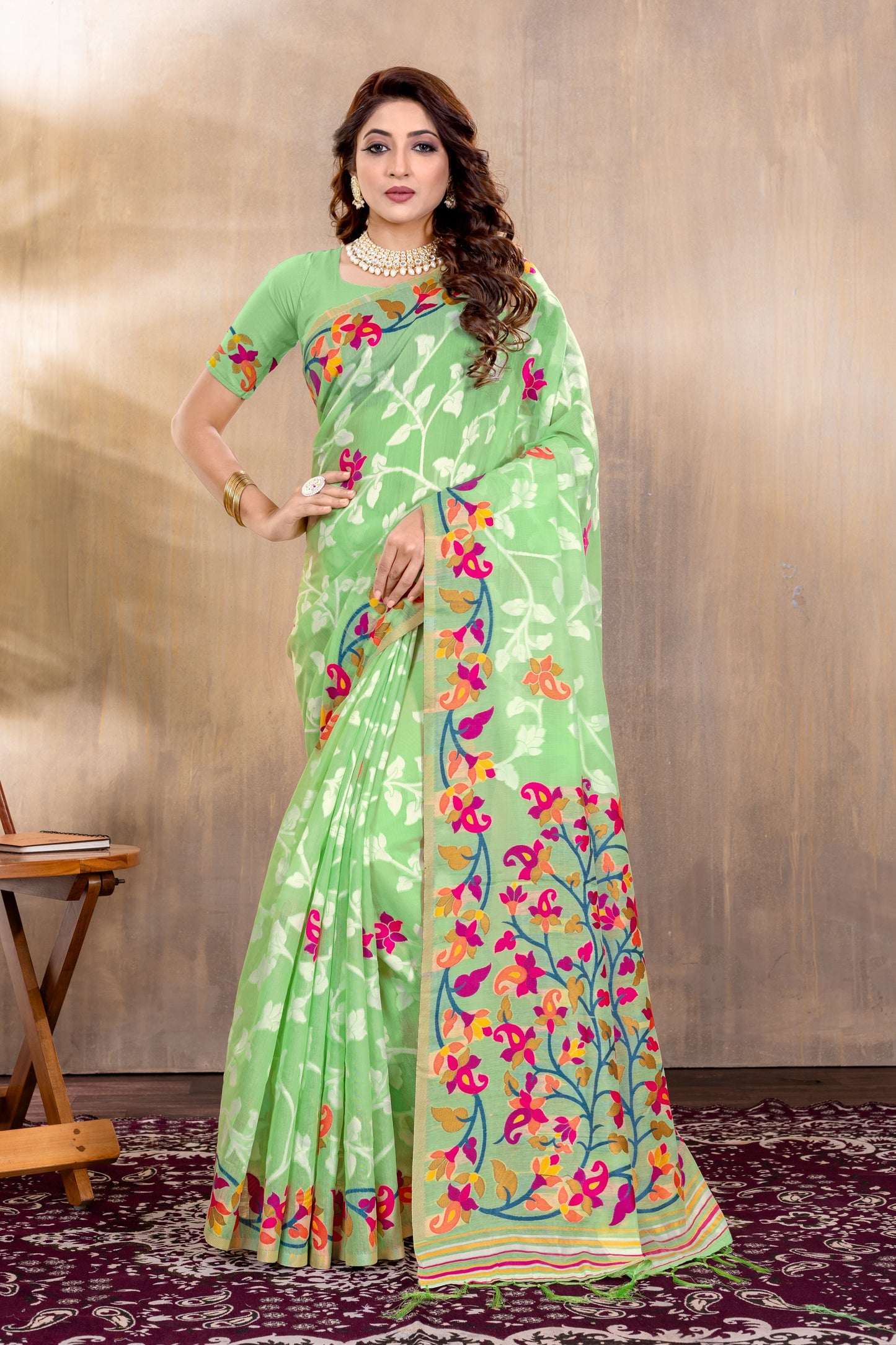 Indyancart GR Women's Suhani Green Cotton Jamdani Saree