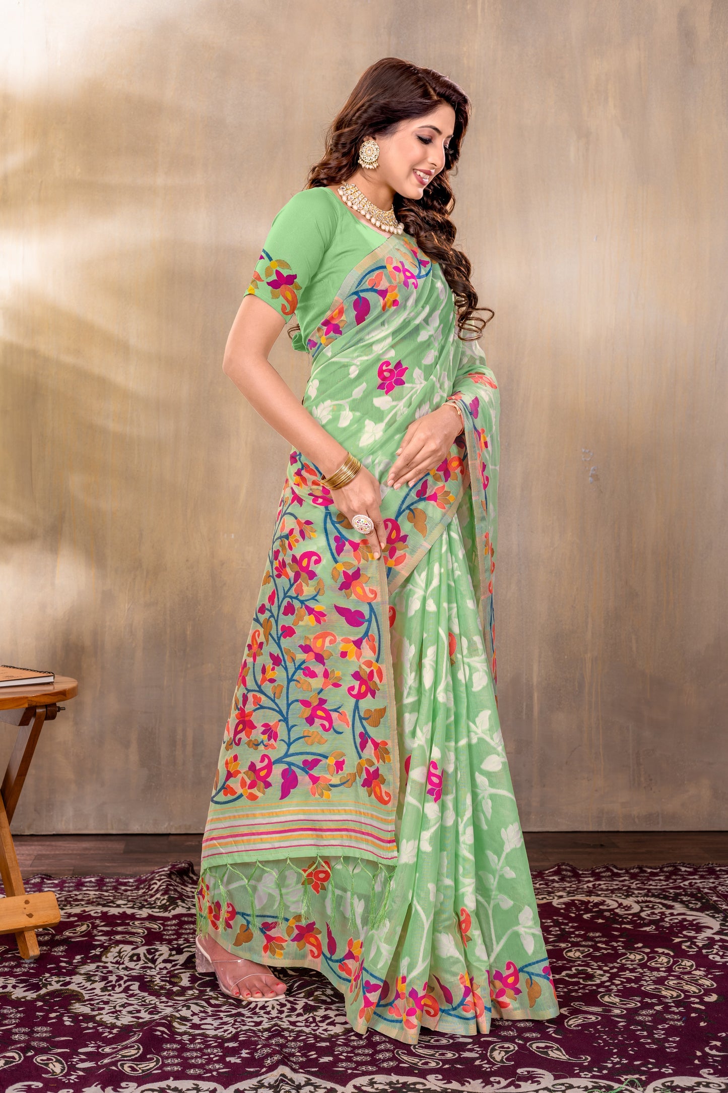 Dhiyona GR Women's Suhani Green Cotton Jamdani Saree