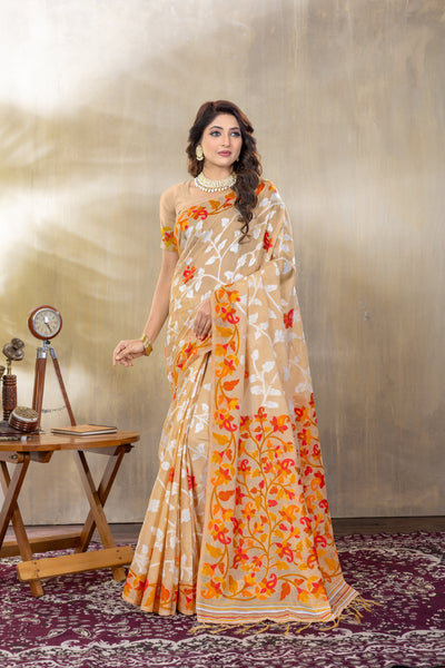 Indyancart GR Women's Suhani Beige Cotton Jamdani Saree