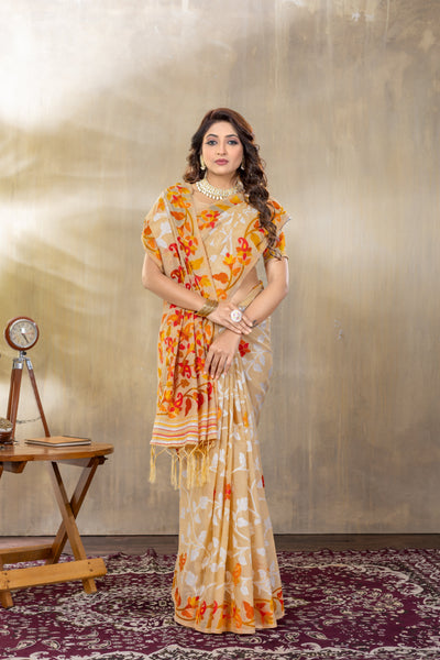 Indyancart GR Women's Suhani Beige Cotton Jamdani Saree