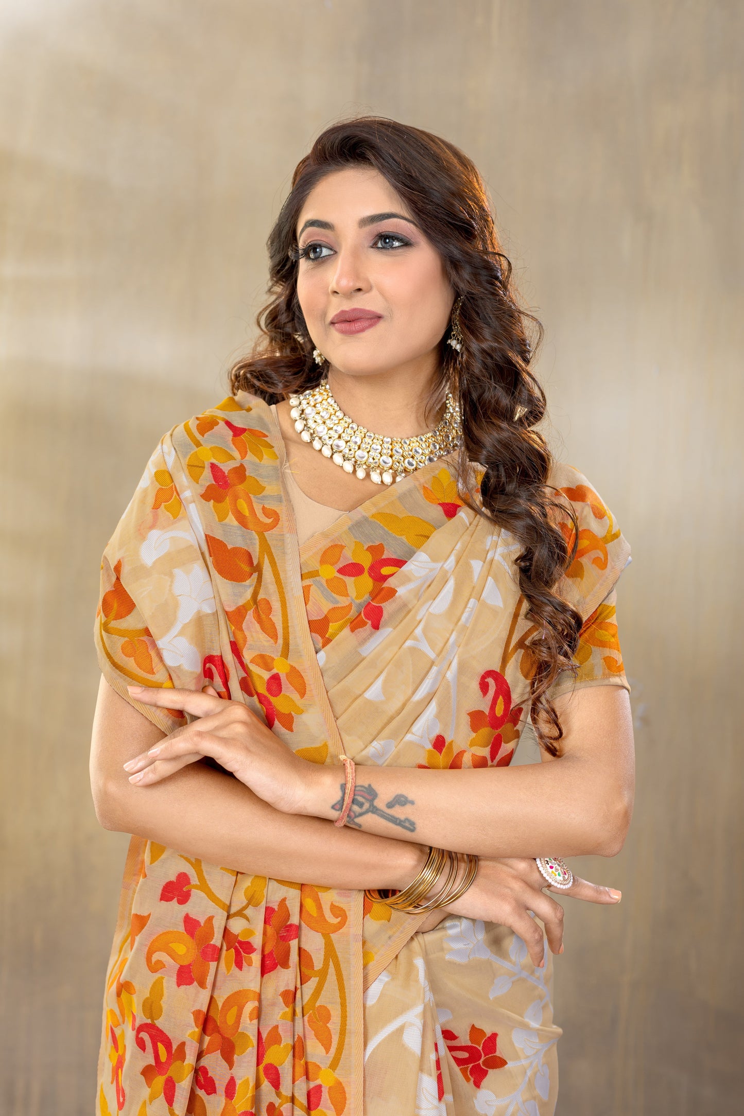 Dhiyona GR Women's Suhani Beige Cotton Jamdani Saree
