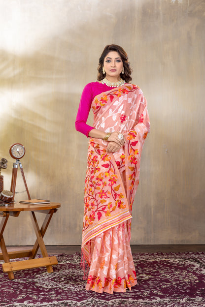 Dhiyona GR Women's Suhani Peach Cotton Jamdani Saree