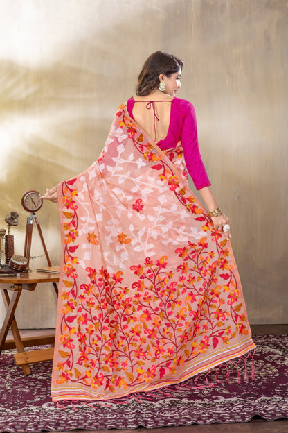 Dhiyona GR Women's Suhani Peach Cotton Jamdani Saree