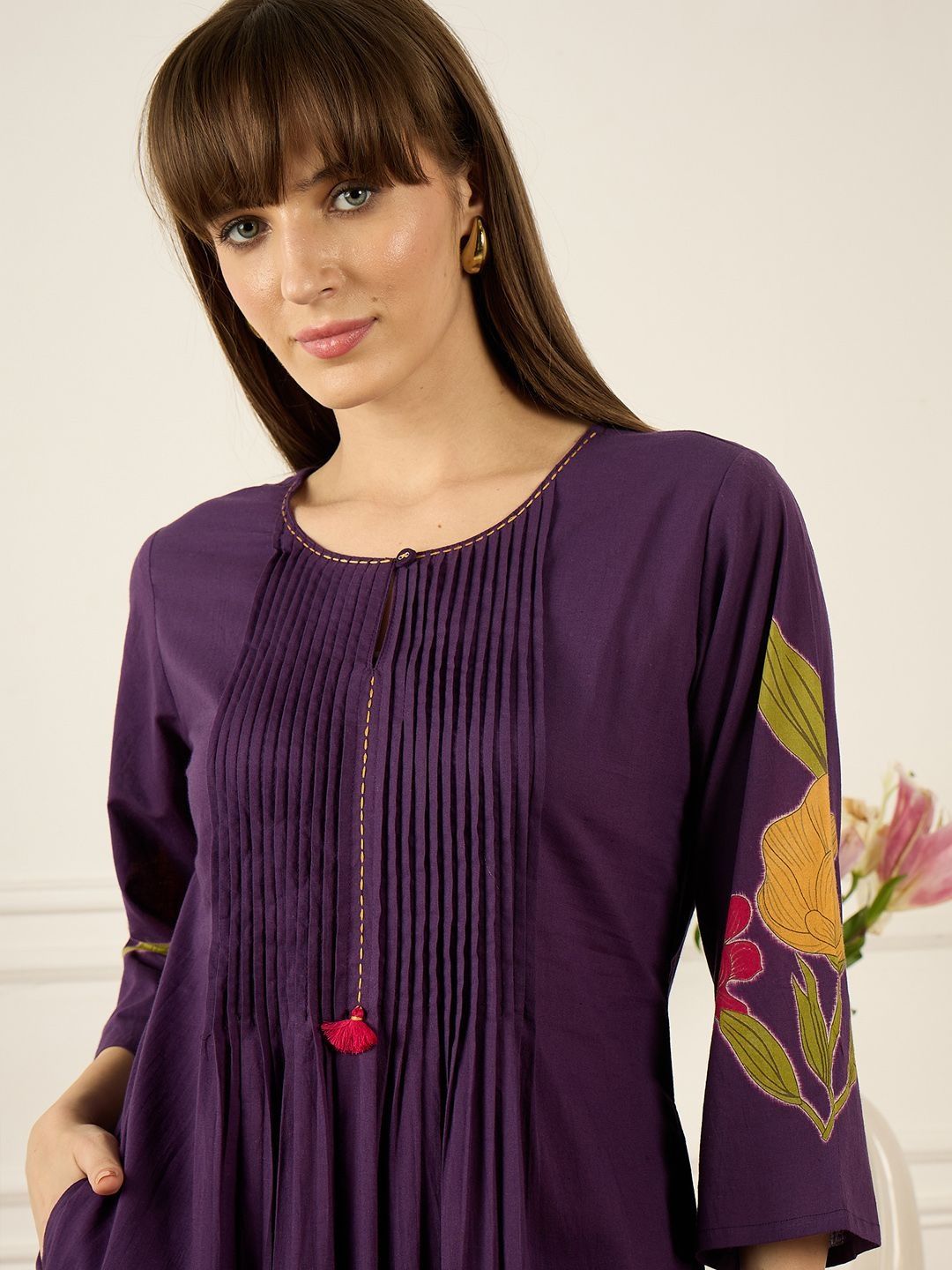 Floral Printed Thread Work Pure Cotton Kurta With Palazzos