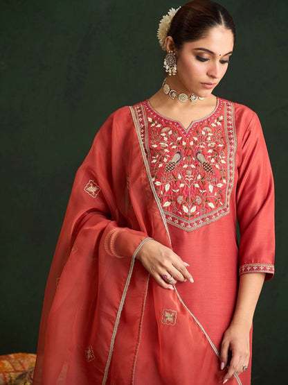 Indyancart IE Ethnic Motifs Embroidered Thread Work Straight Kurta With Trousers & Dupatta