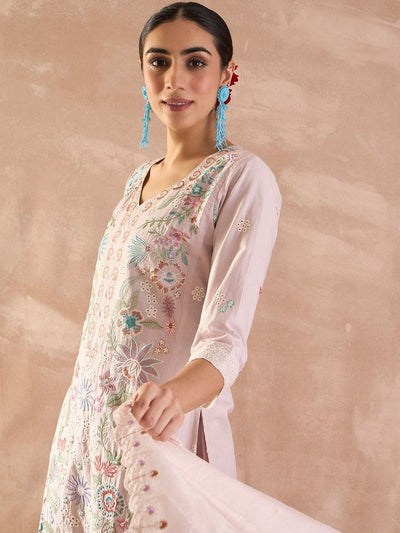 Indyancart IE Floral Embroidered Regular Thread Work Pure Cotton Kurta With Trousers & Dupatta
