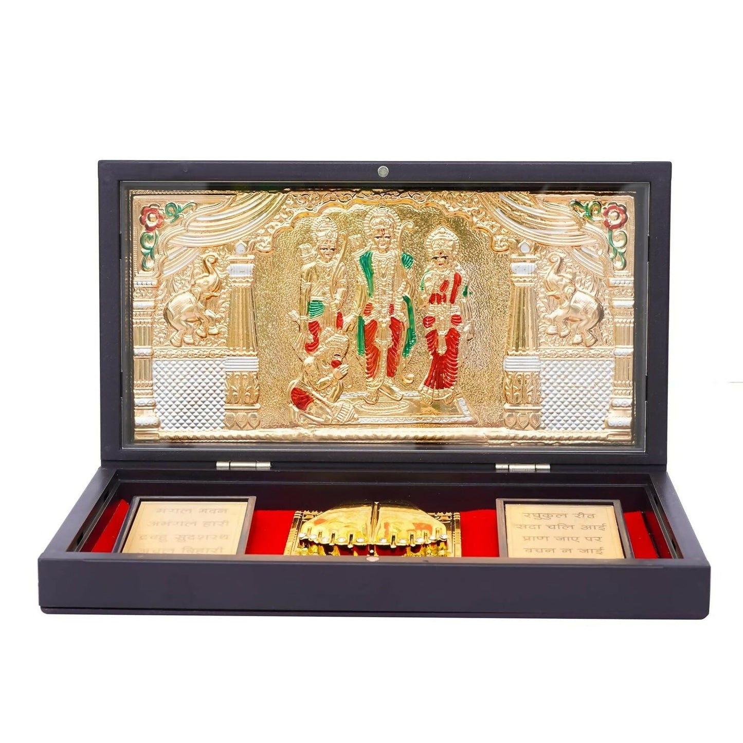 Gold-polished Lord Ram Darbar photo frame with Charan Paduka featuring detailed idol images, ideal for religious decor.
