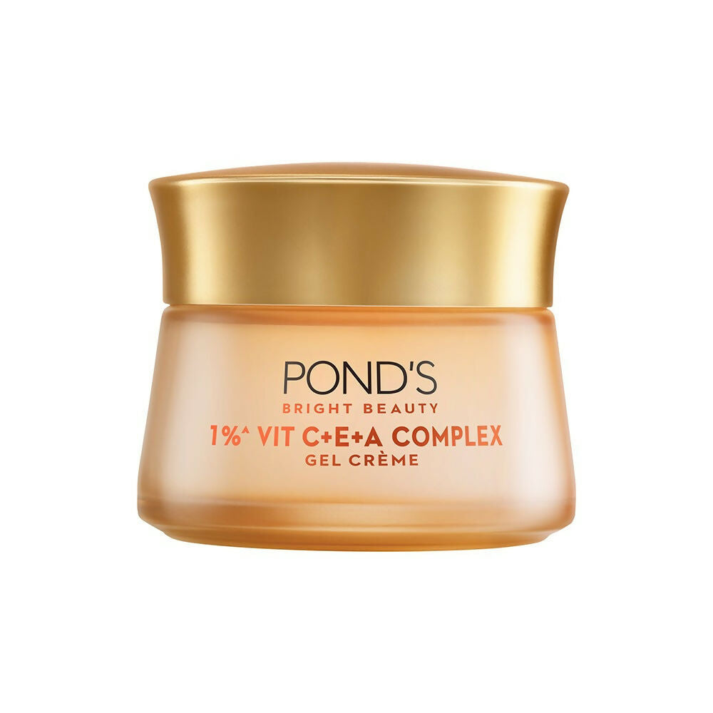 Ponds Bright Beauty 1% Vitamin C, E, A face gel crème in a jar, showing the skincare product with fresh, bright packaging.